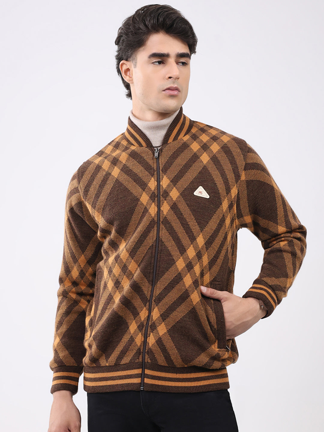 Men Brown Printed T Neck Full Sleeve Jacket