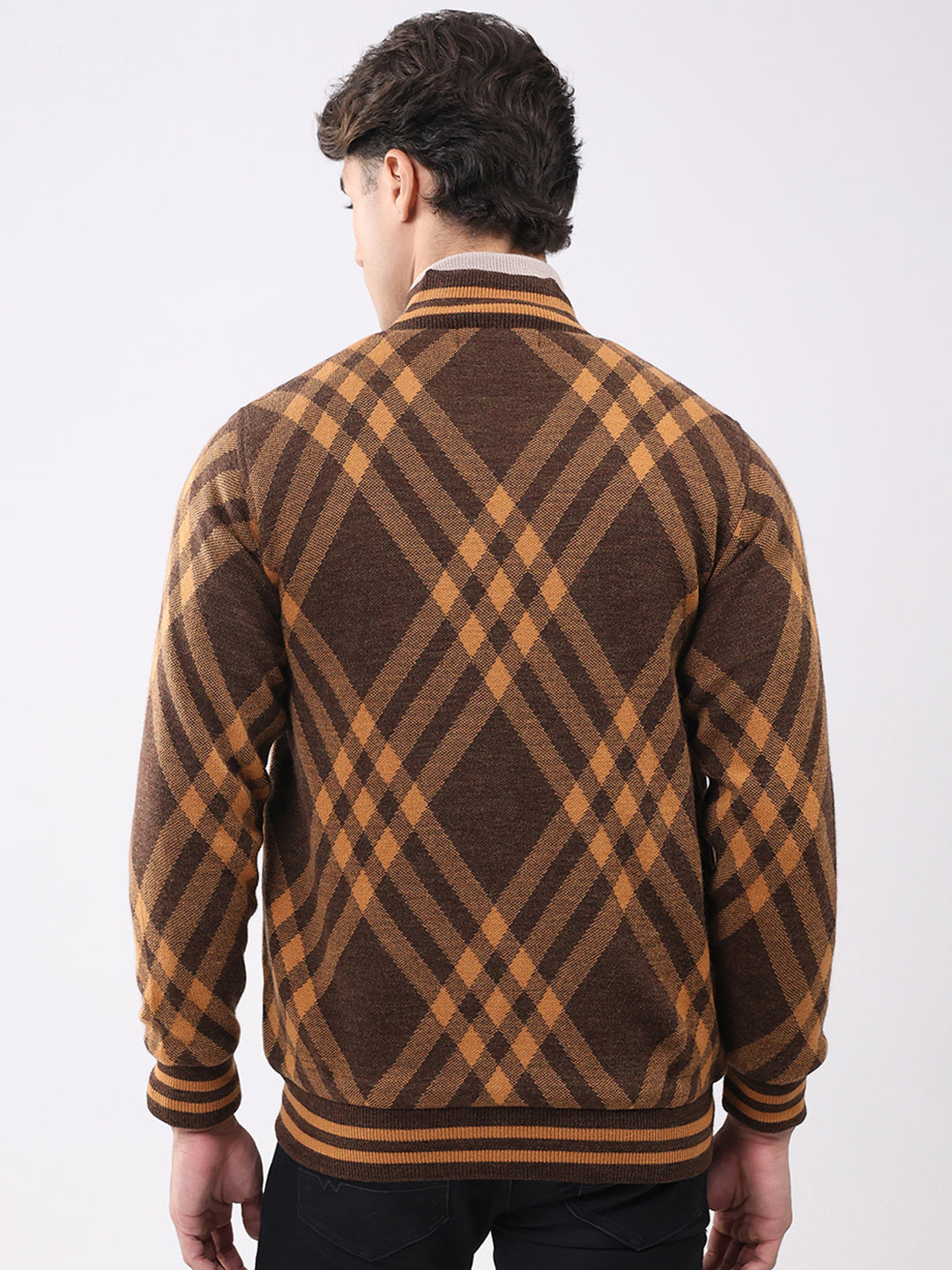 Men Brown Printed T Neck Full Sleeve Jacket