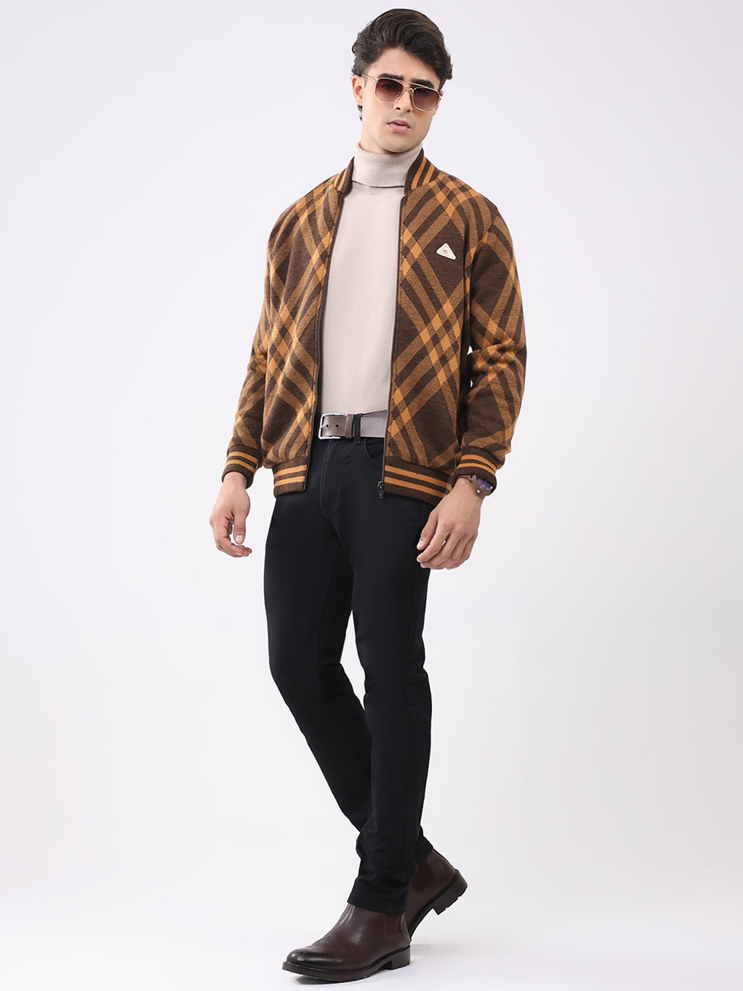 Men Brown Printed T Neck Full Sleeve Jacket