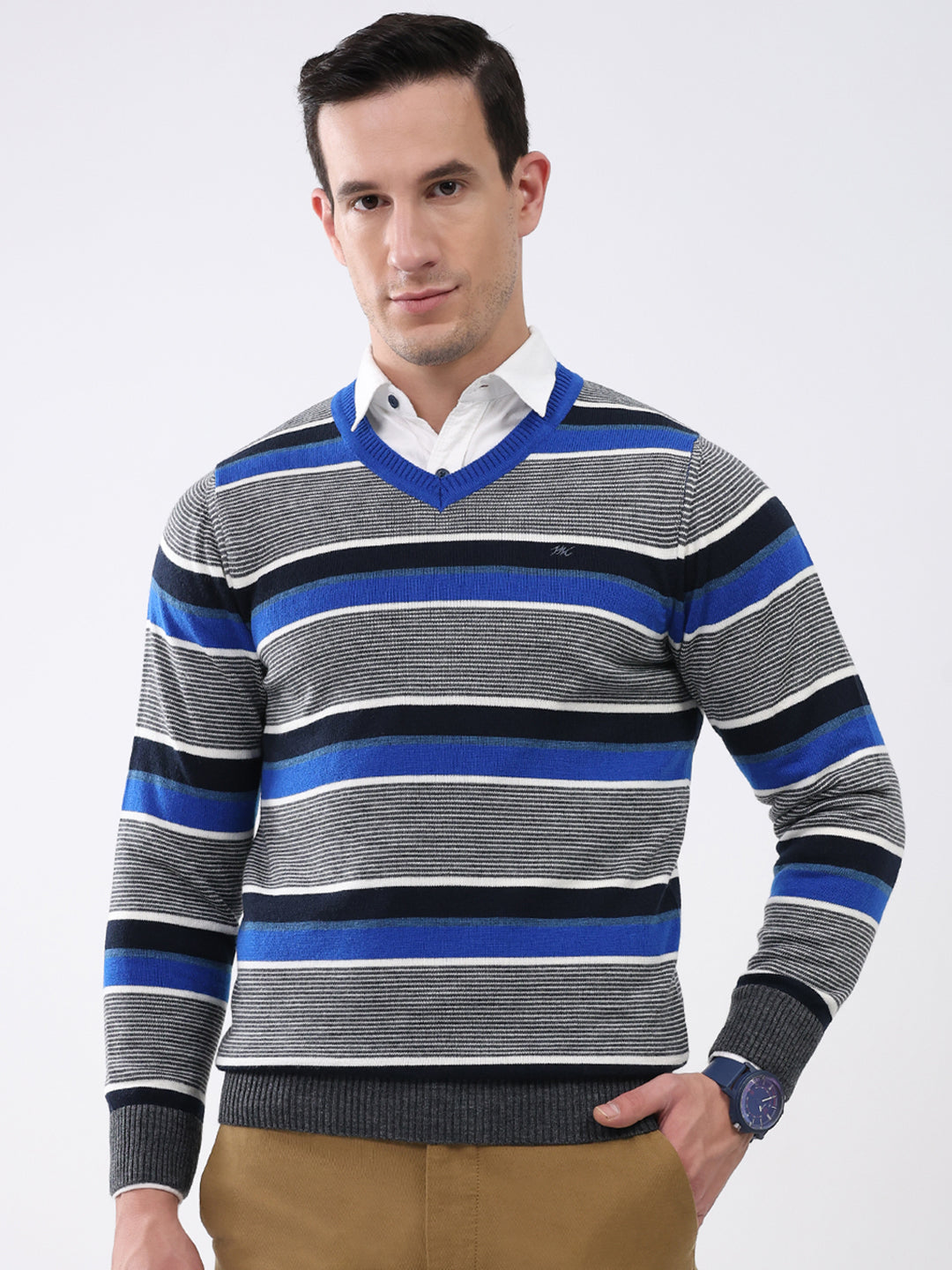 Men Blue & Grey Stripe V Neck Full Sleeve Pullover