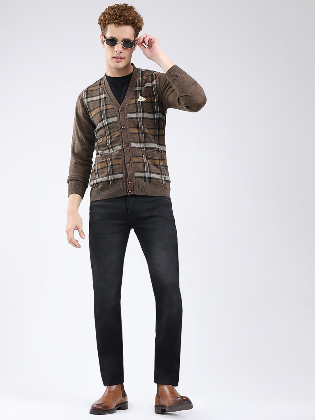 Men Brown Printed V Neck Full Sleeve Cardigan