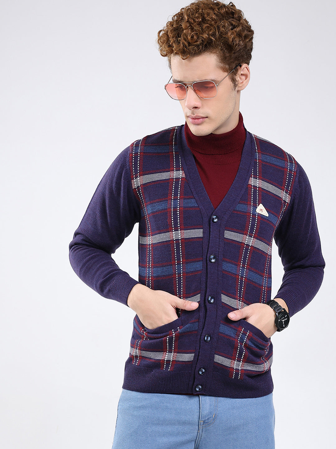 Men Purple Printed V Neck Full Sleeve Cardigan