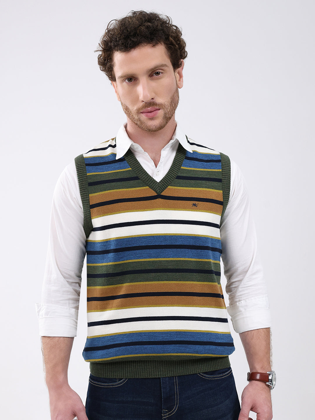 Men Green Stripe V Neck Sleeveless Sweater