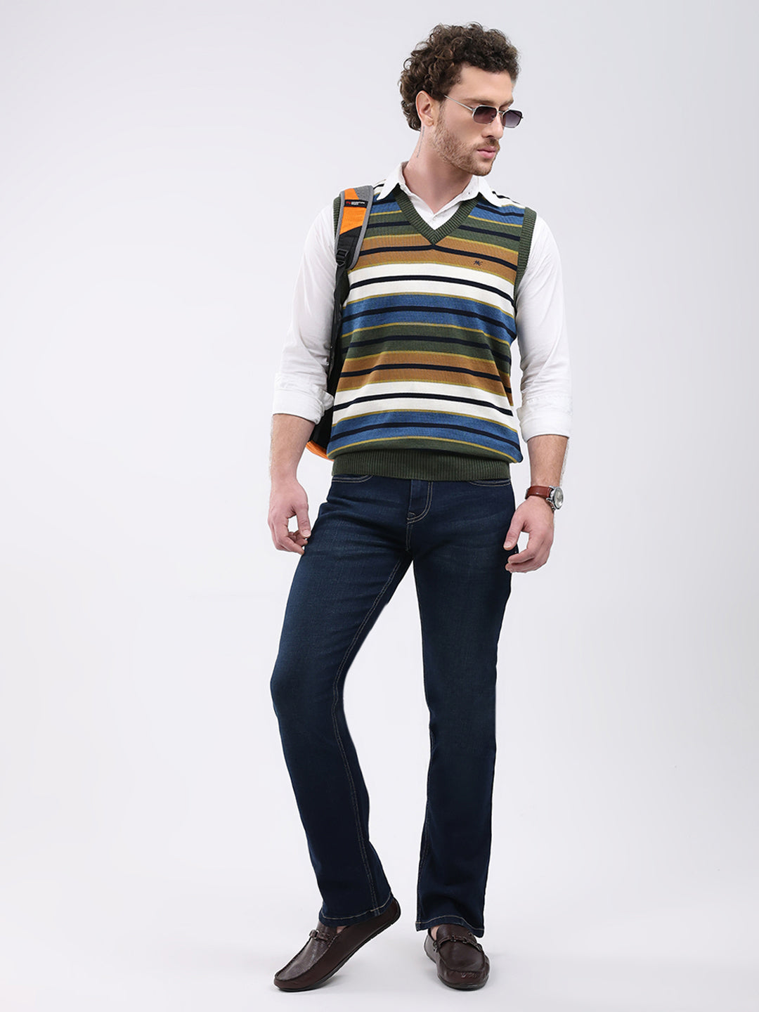 Men Green Stripe V Neck Sleeveless Sweater