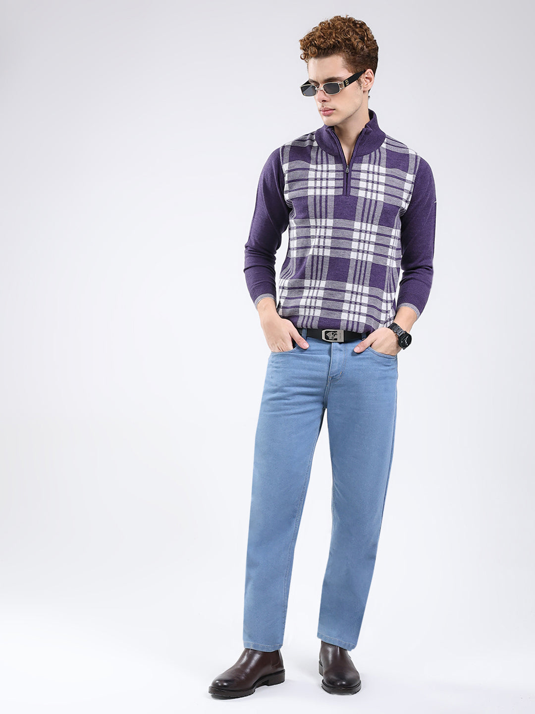 Men Purple Printed Mock Neck Full Sleeve Pullover