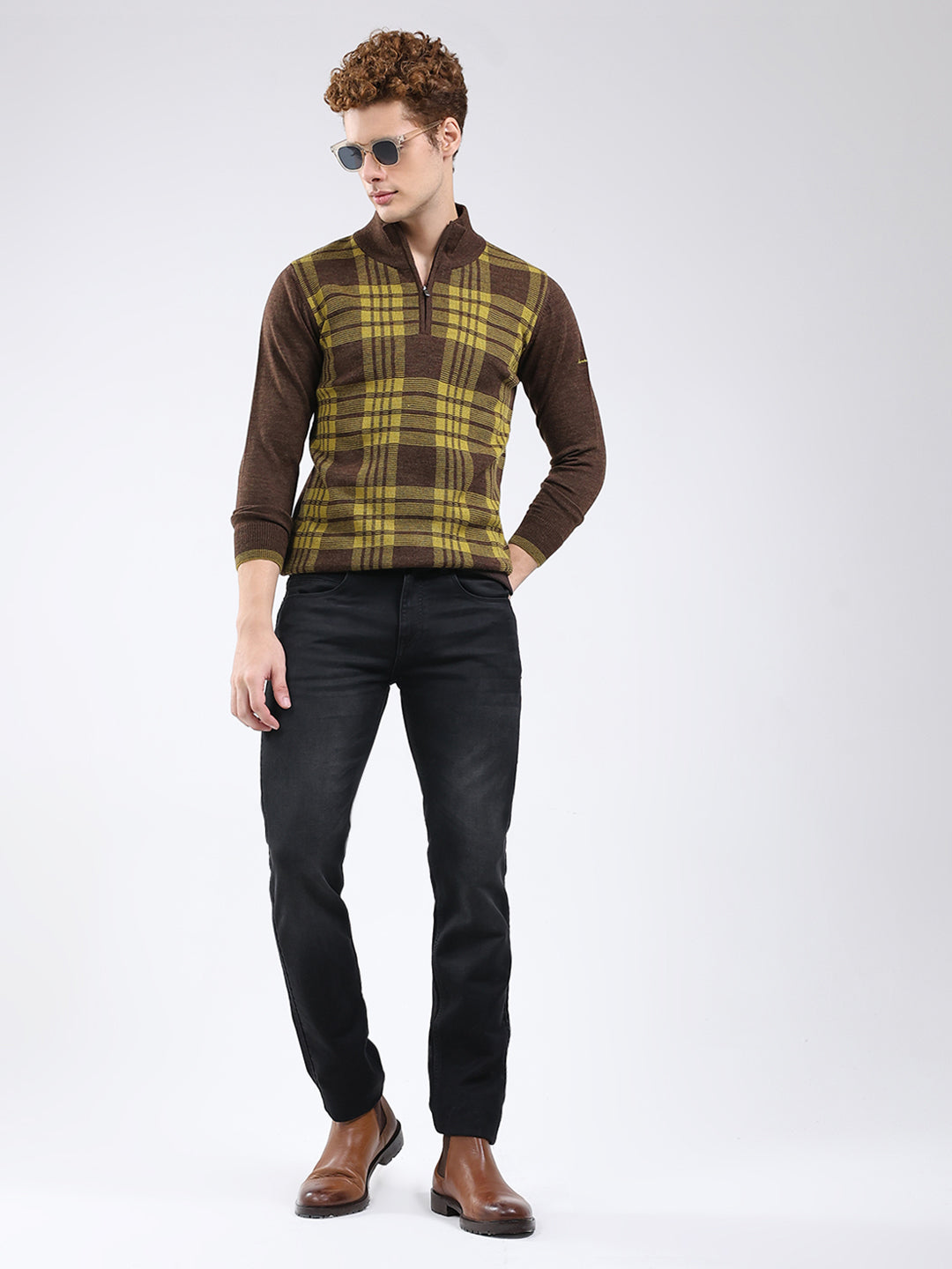 Men Brown Printed Mock Neck Full Sleeve Pullover