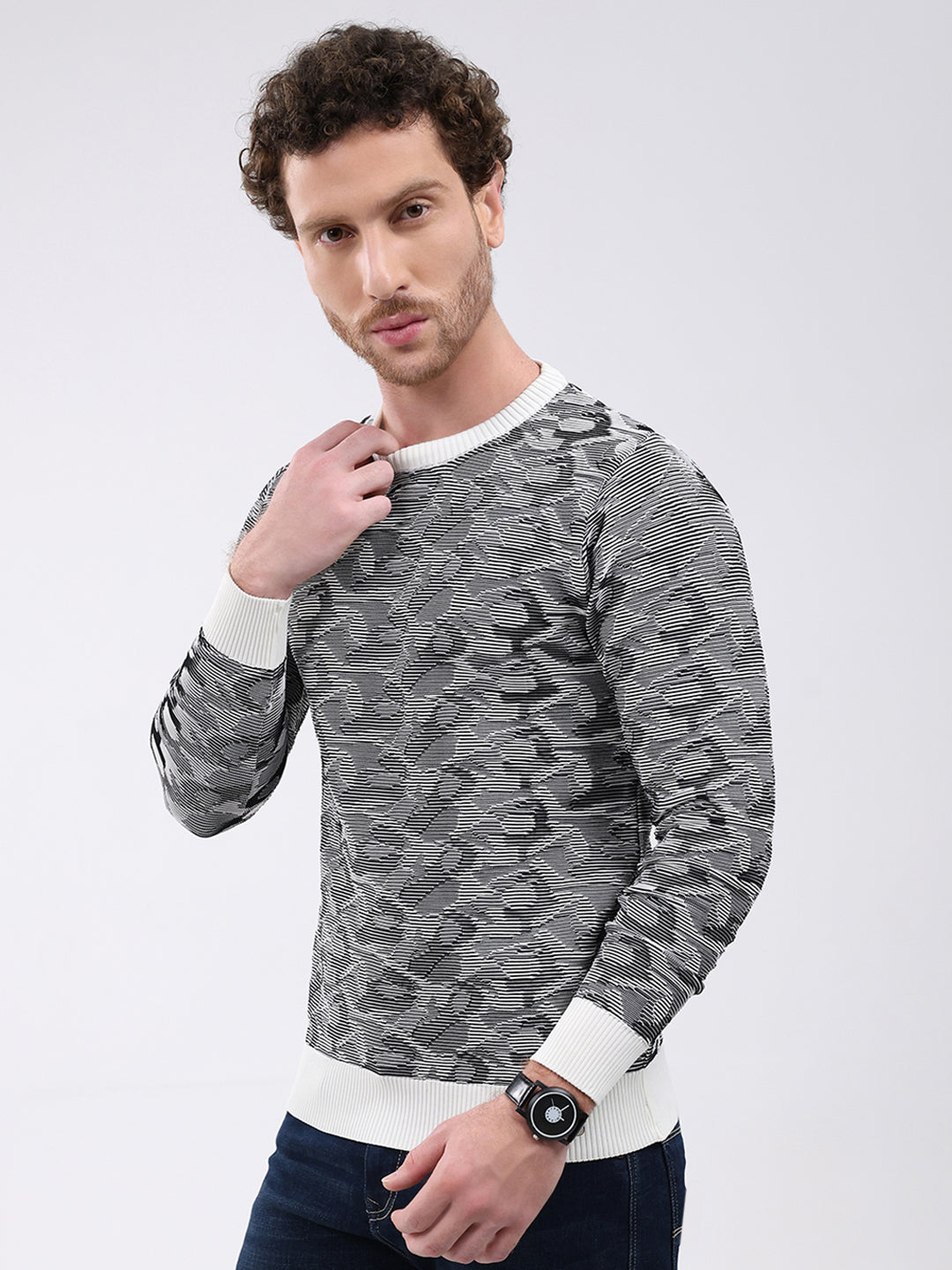 Men Grey Self Design Round Neck Full Sleeve Pullover