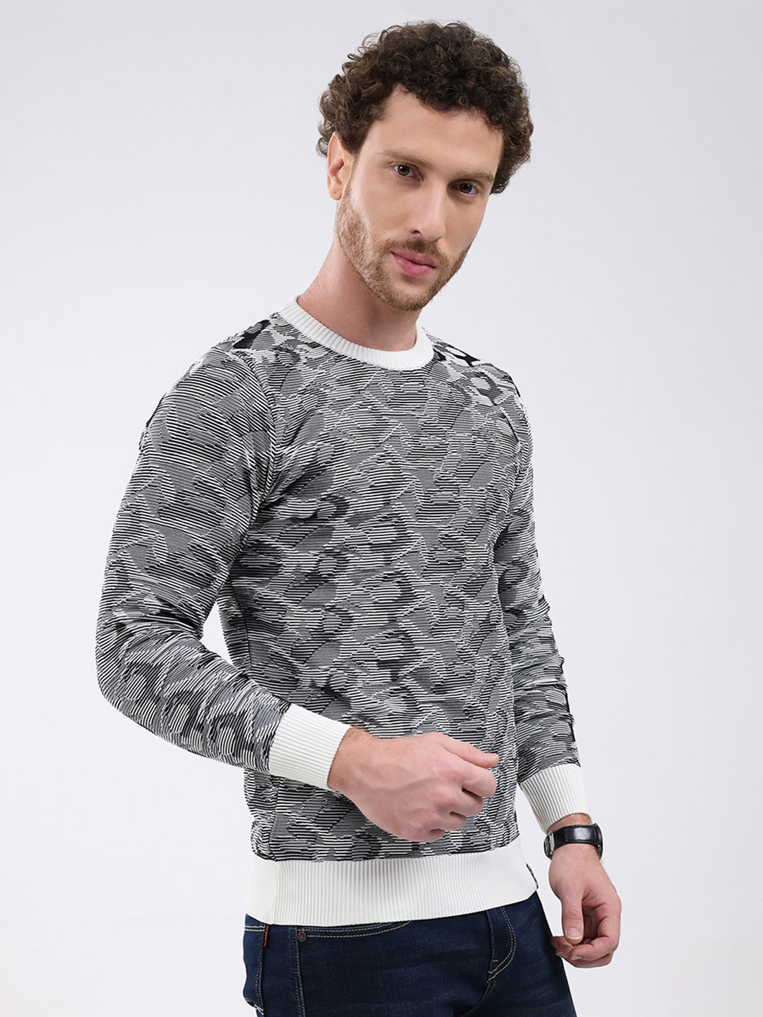 Men Grey Self Design Round Neck Full Sleeve Pullover