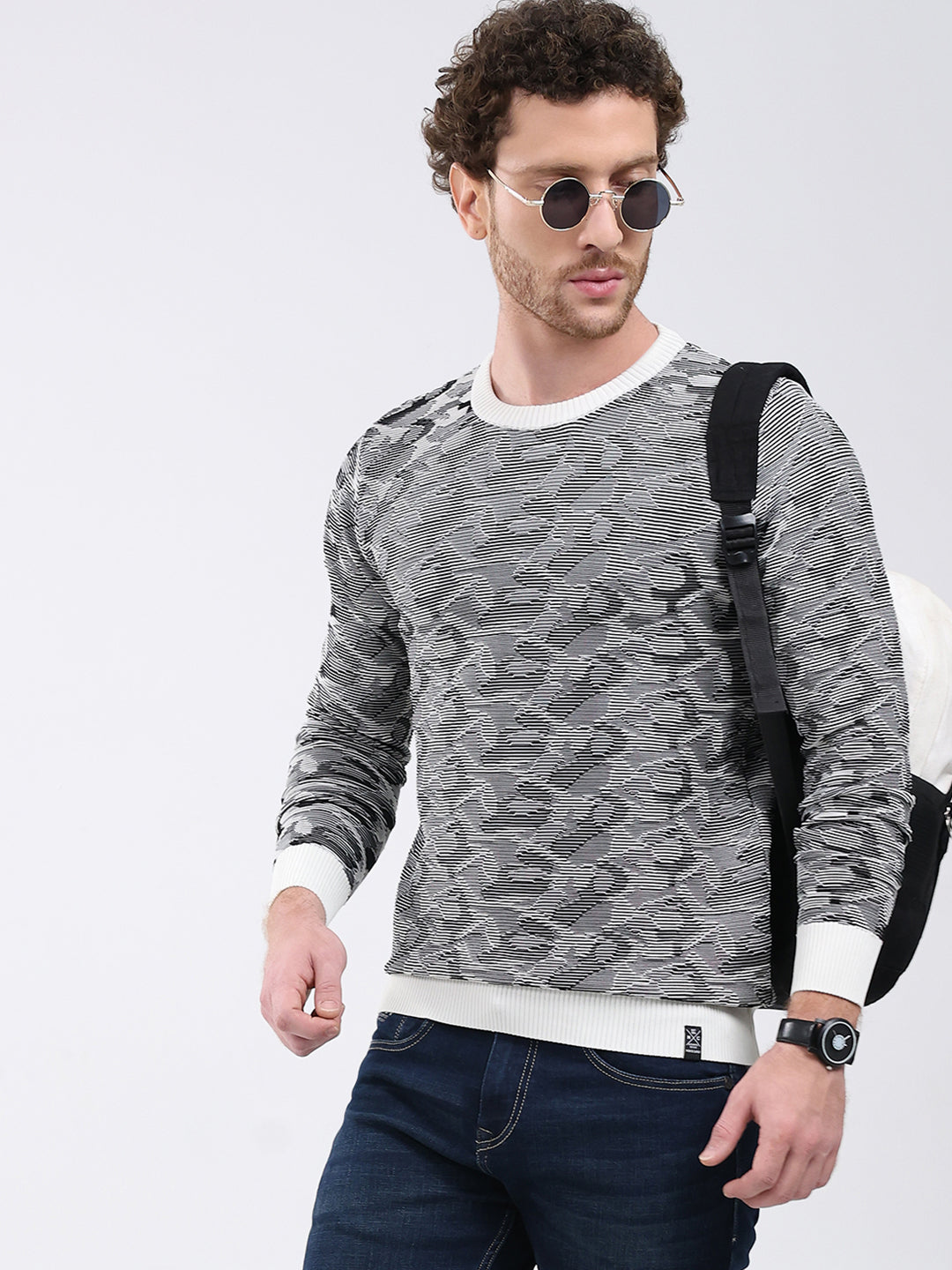 Men Grey Self Design Round Neck Full Sleeve Pullover