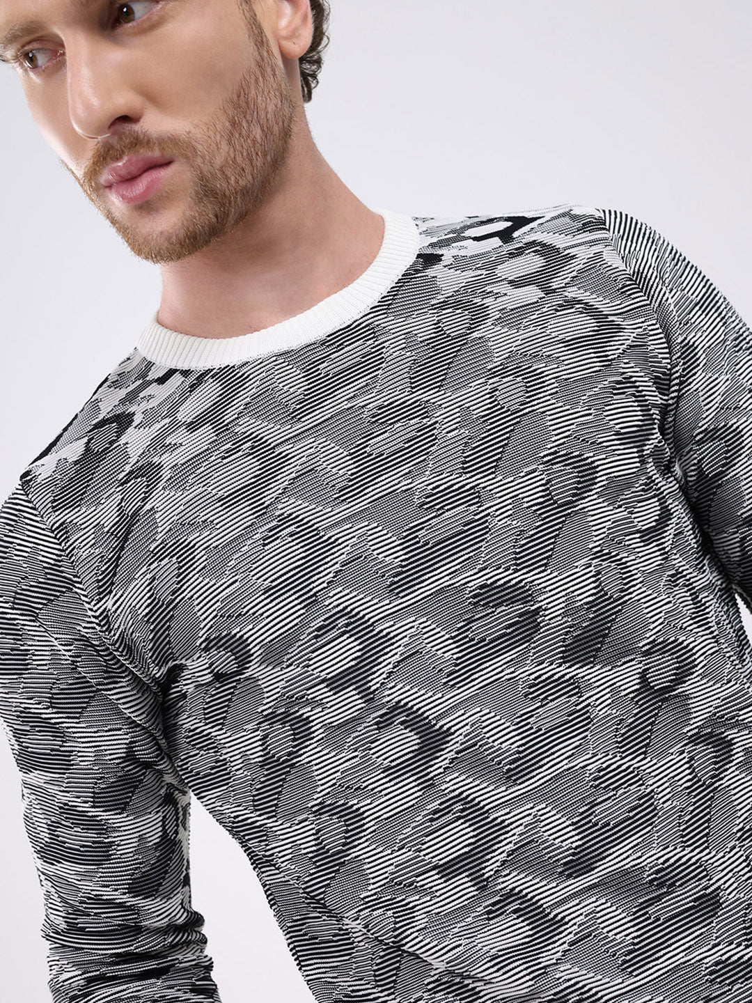 Men Grey Self Design Round Neck Full Sleeve Pullover