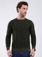 Men Dark Green Self Design Round Neck Full Sleeve Pullover
