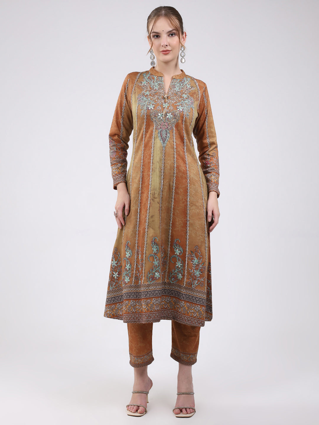Women Mustard Printed Round Neck Full Sleeve Kurti Set for Winter