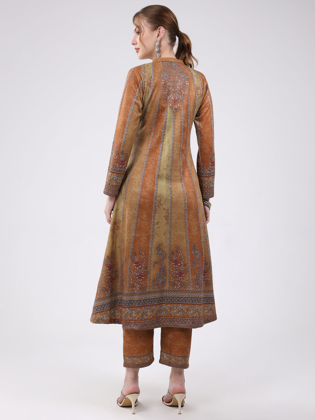 Women Mustard Printed Round Neck Full Sleeve Kurti Set for Winter