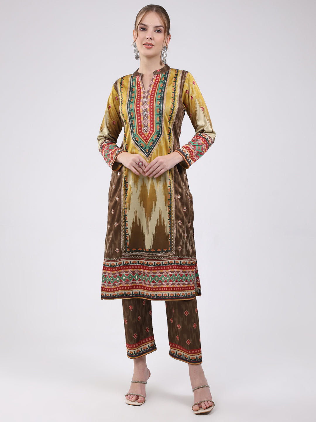 Women Multicolor Printed Round Neck Full Sleeve Kurti Set for Winter