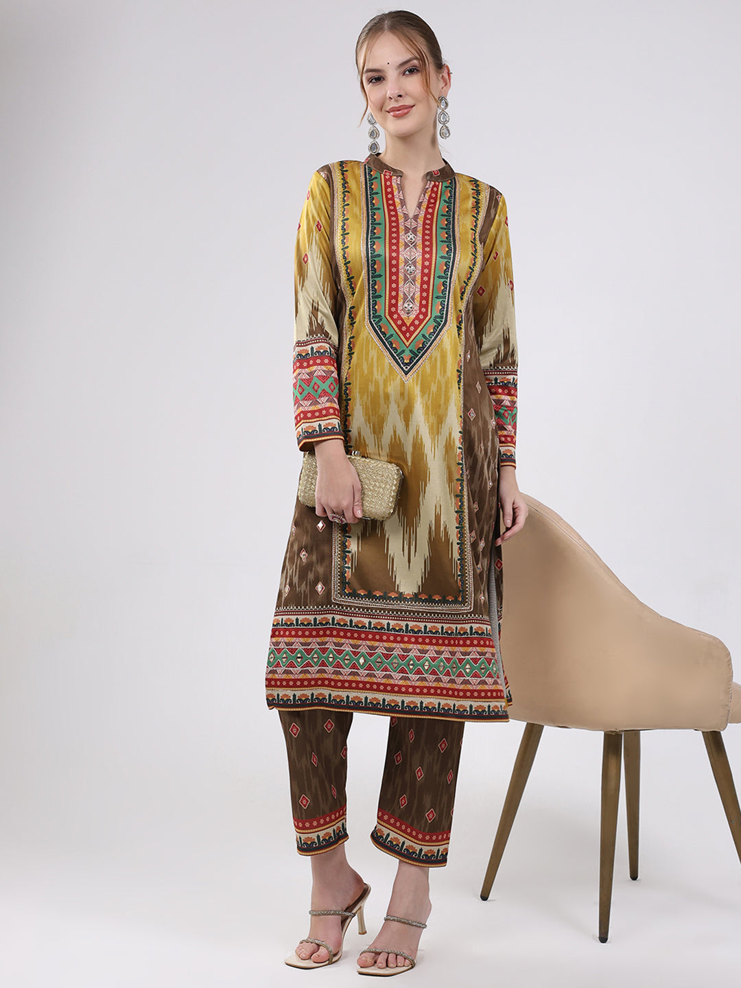 Women Multicolor Printed Round Neck Full Sleeve Kurti Set for Winter