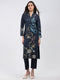 Women Blue Printed Round Neck Full Sleeve Kurti Set for Winter
