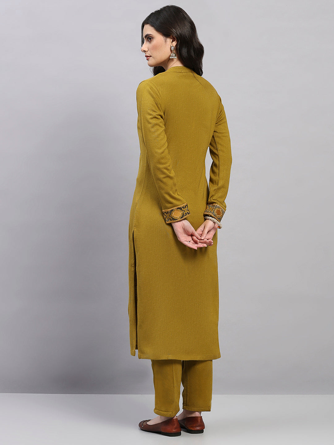 Women Mustard Printed Round Neck Full Sleeve Kurti Set for Winter