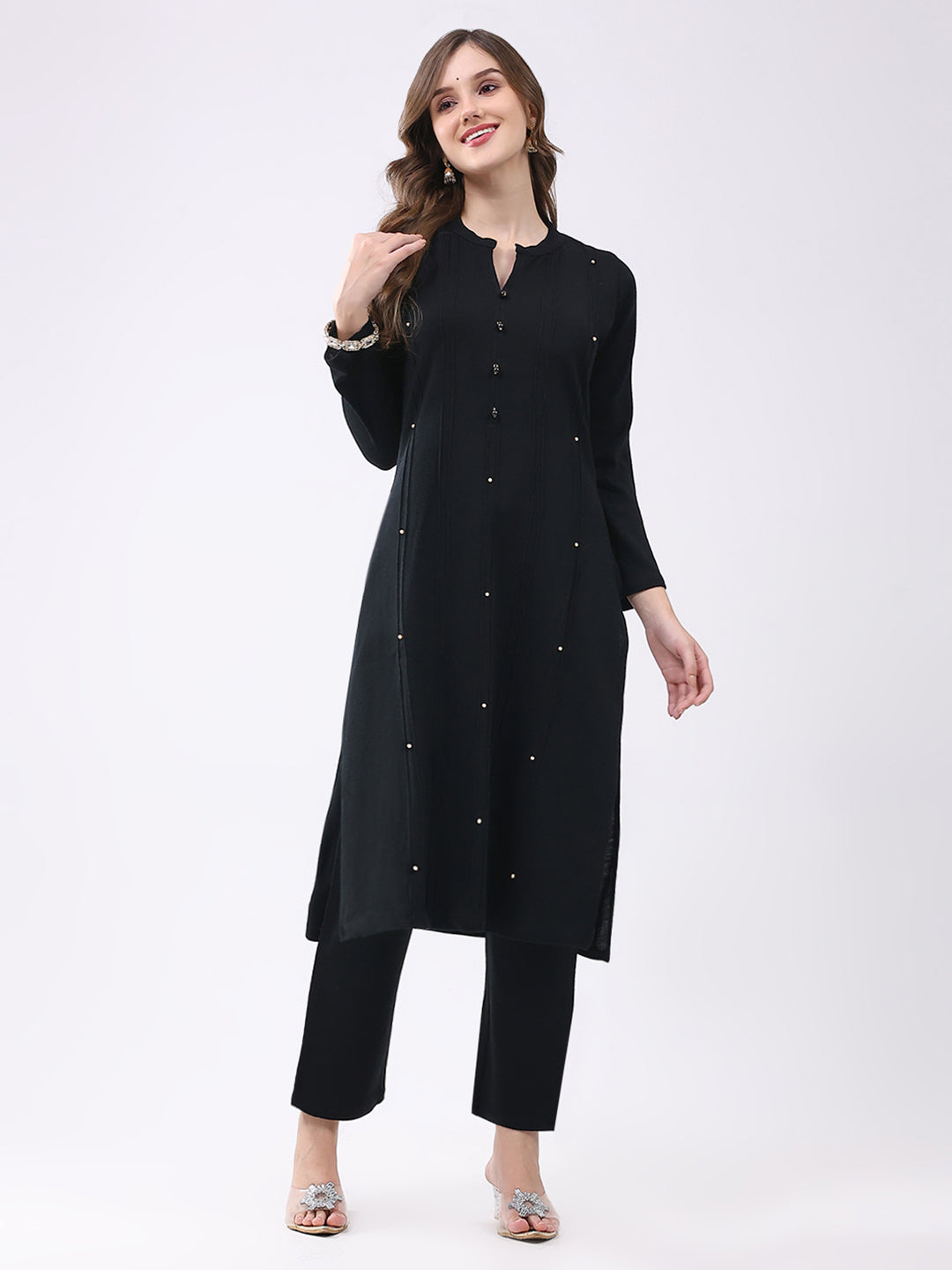 Women Black Self Design Round Neck Full Sleeve Kurti Set for Winter