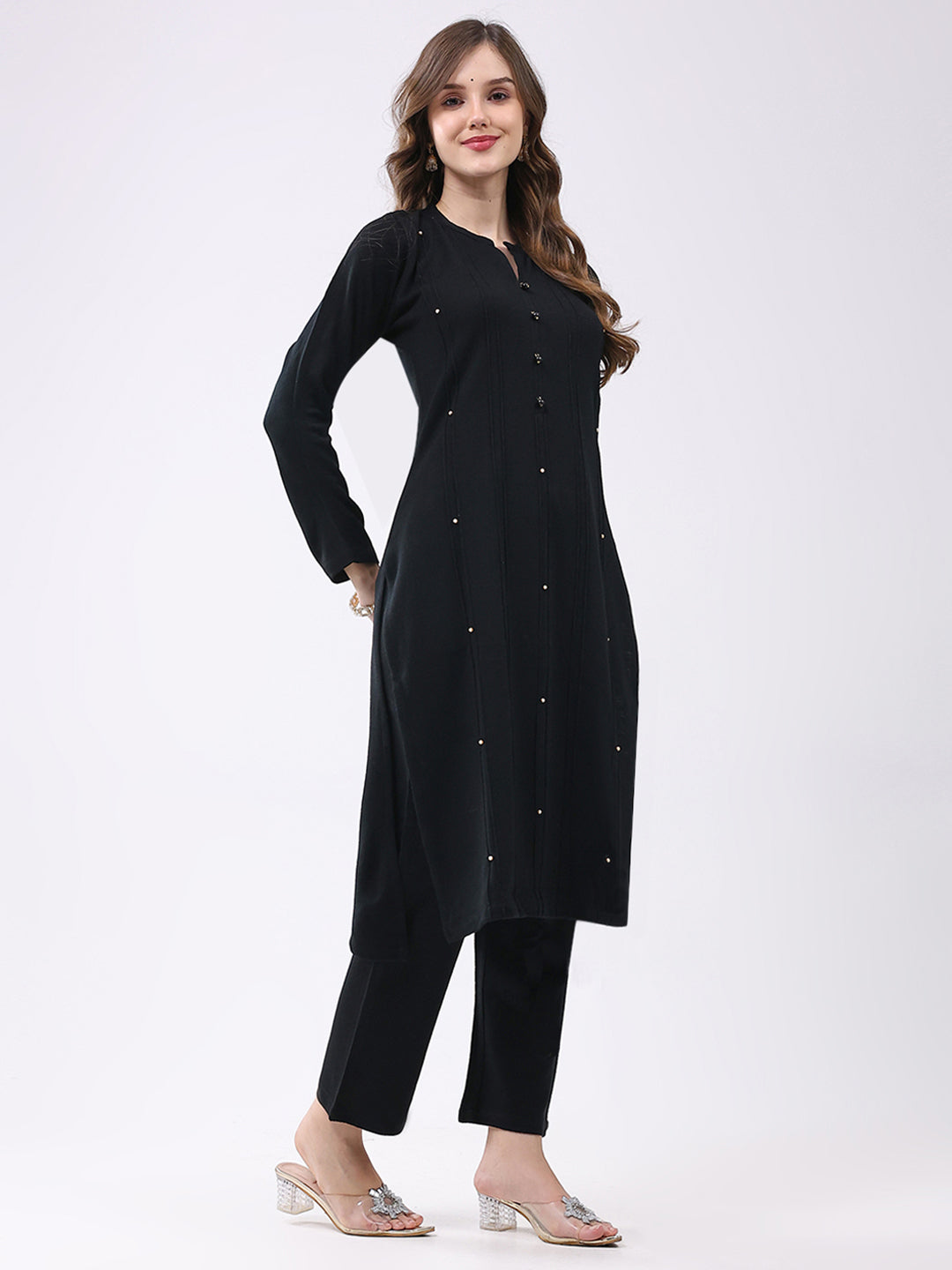 Women Black Self Design Round Neck Full Sleeve Kurti Set for Winter