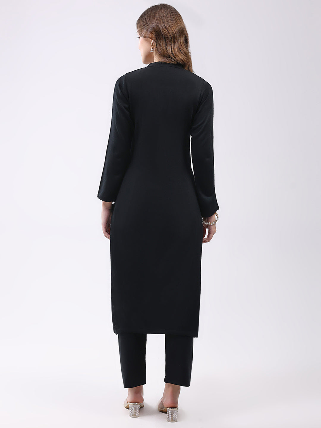 Women Black Self Design Round Neck Full Sleeve Kurti Set for Winter