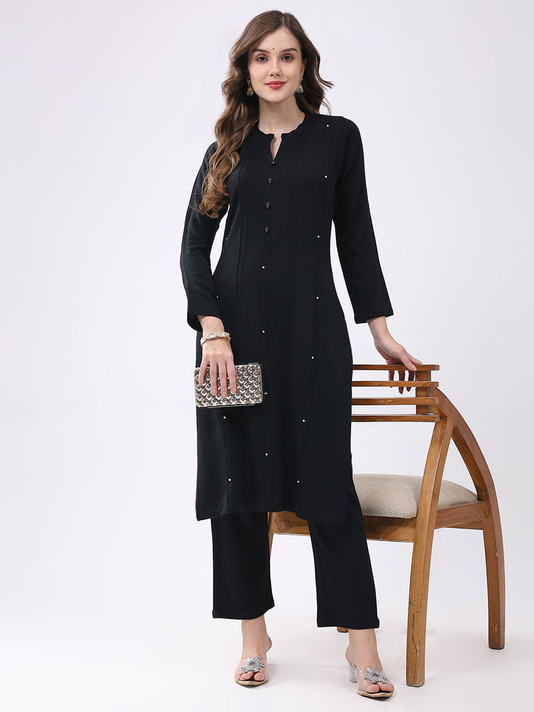 Women Black Self Design Round Neck Full Sleeve Kurti Set for Winter