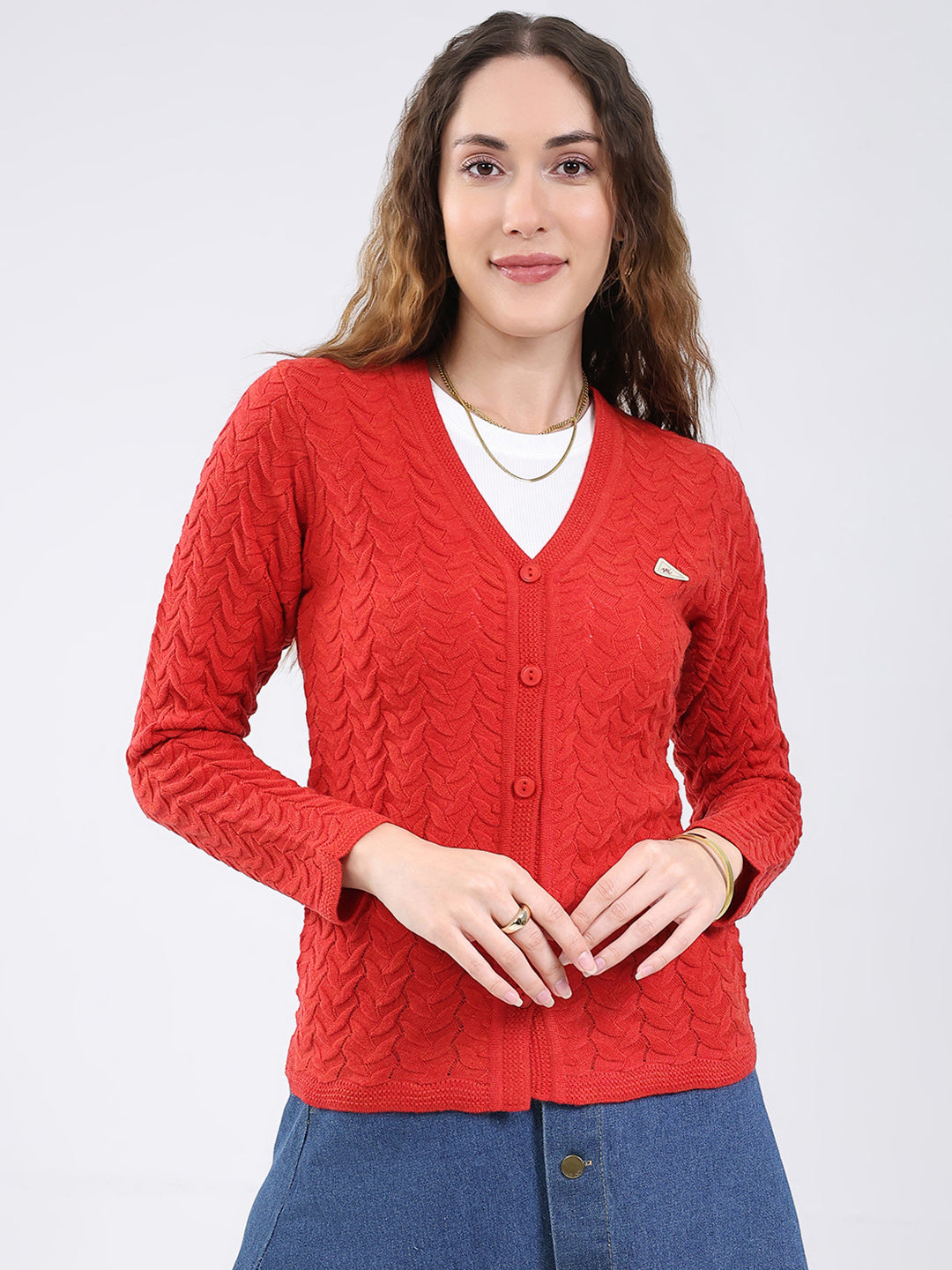 Women Red Self Design V Neck Full Sleeve Cardigan