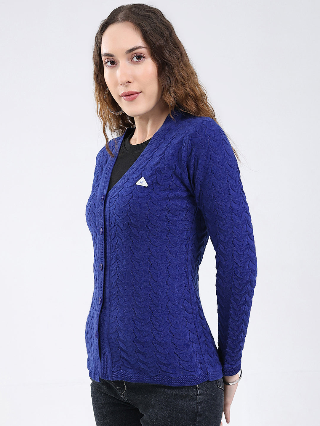 Women Blue Self Design V Neck Full Sleeve Cardigan
