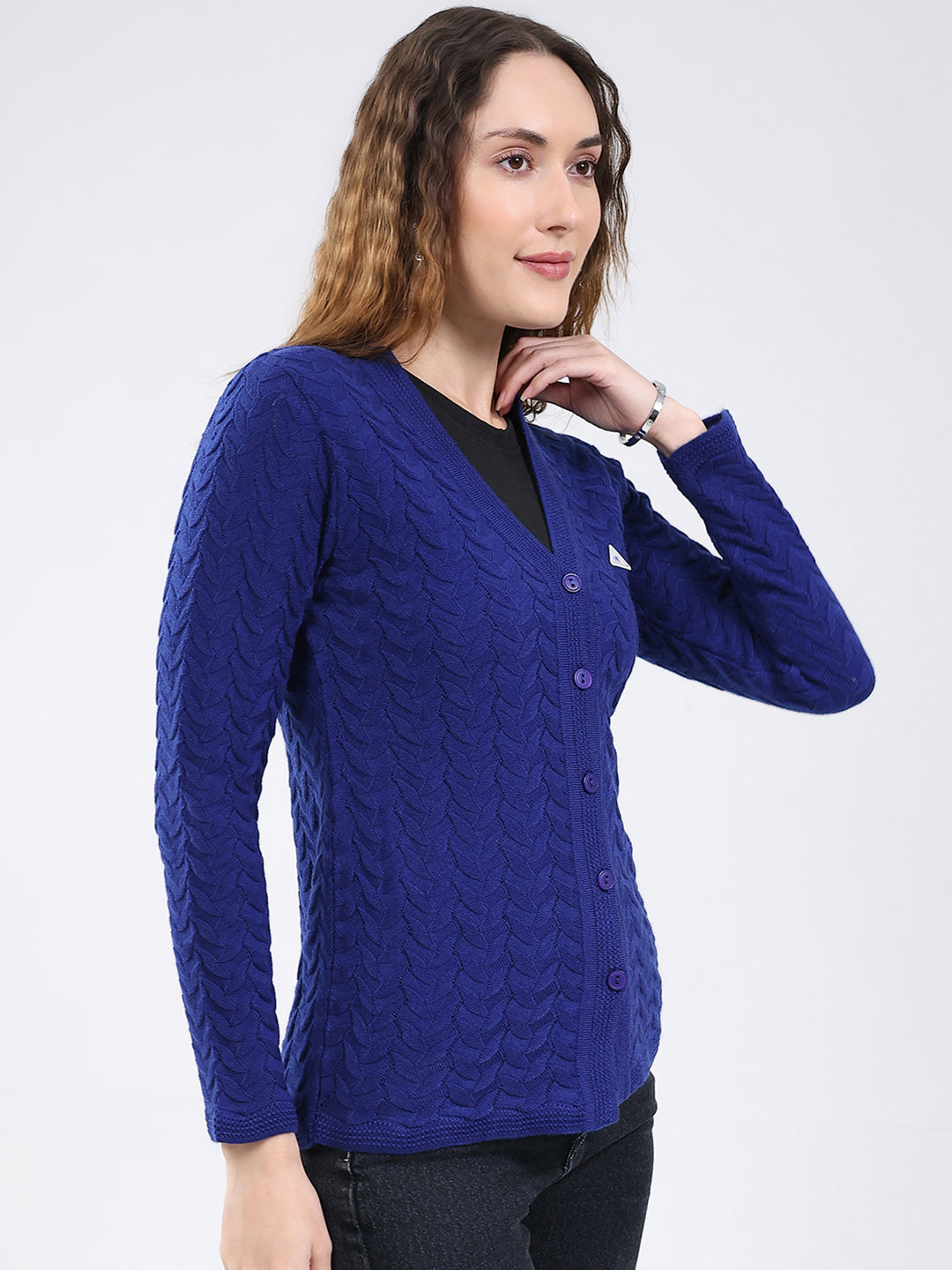 Women Blue Self Design V Neck Full Sleeve Cardigan