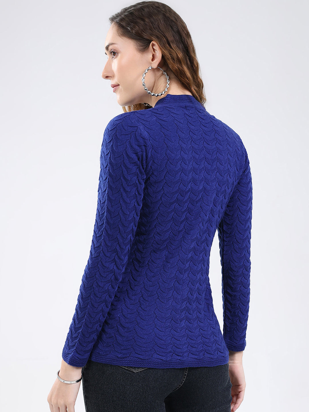 Women Blue Self Design V Neck Full Sleeve Cardigan