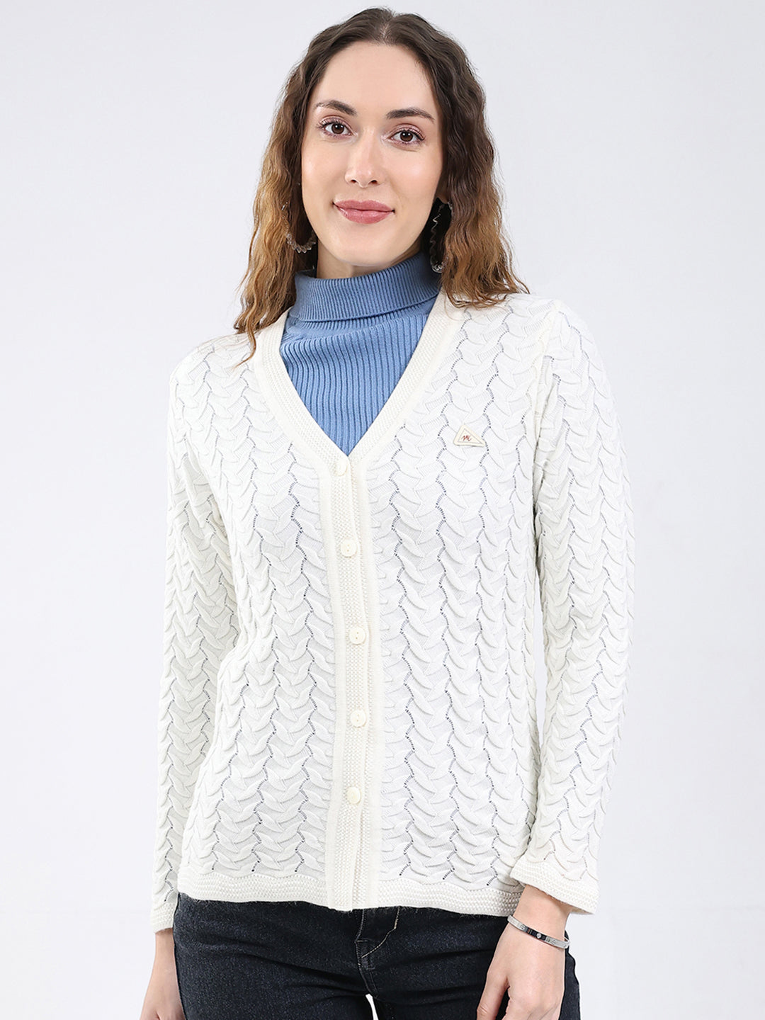 Women White Self Design V Neck Full Sleeve Cardigan