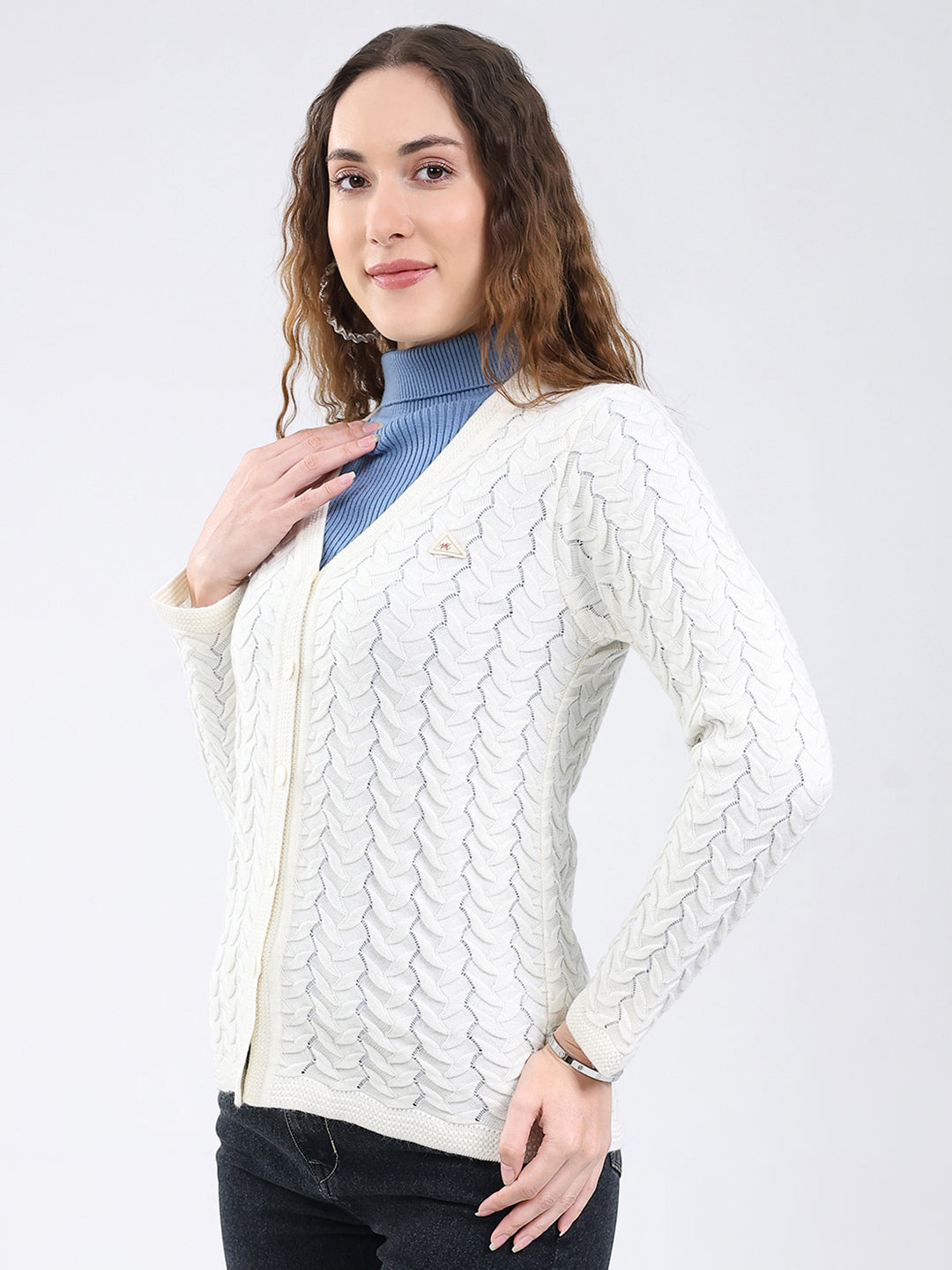 Women White Self Design V Neck Full Sleeve Cardigan