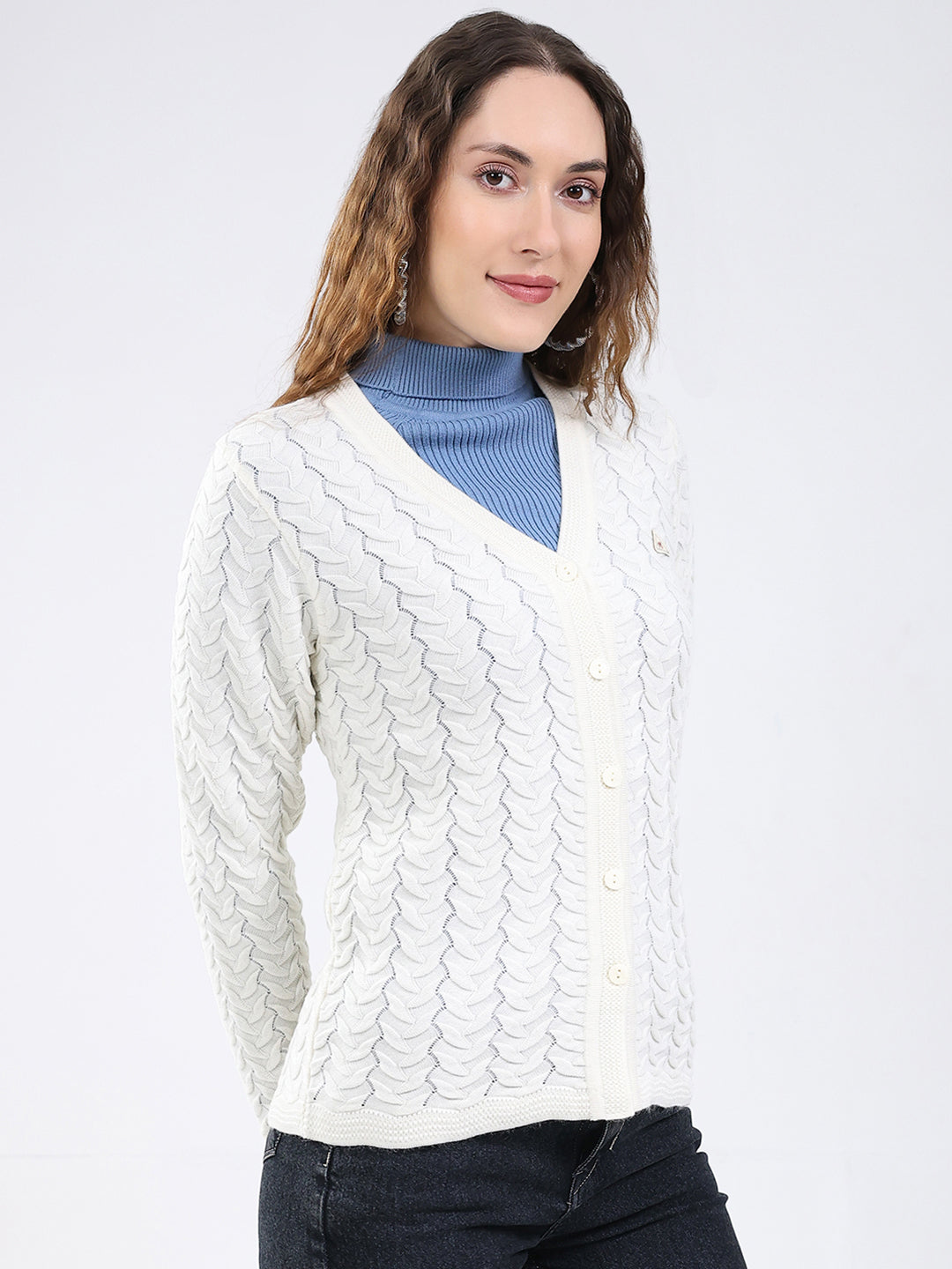 Women White Self Design V Neck Full Sleeve Cardigan