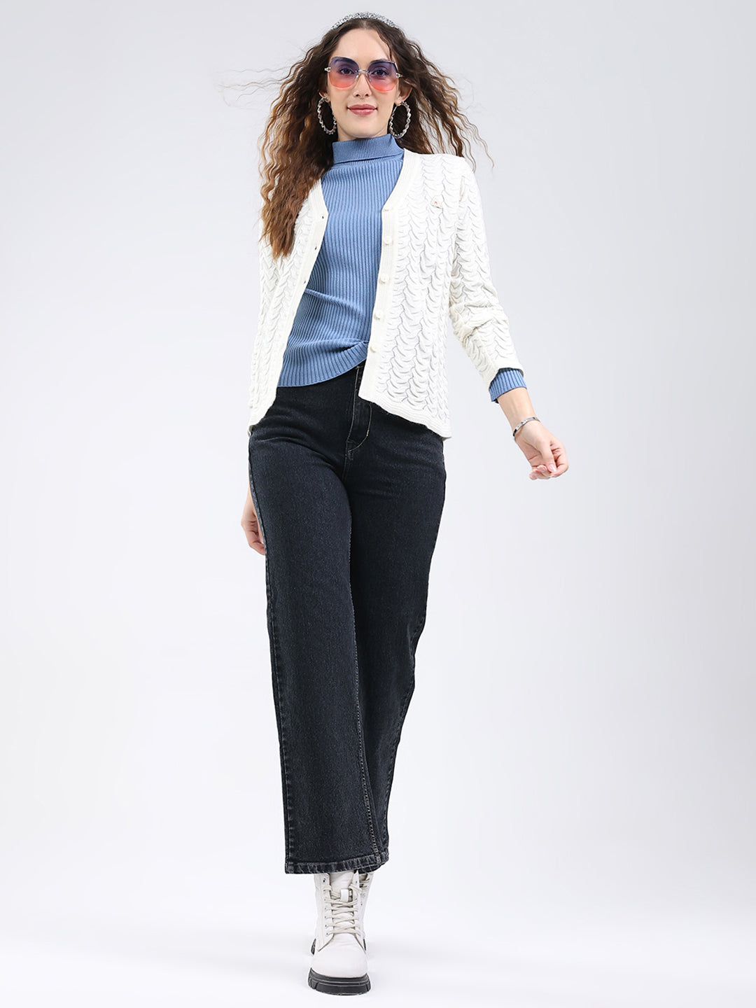 Women White Self Design V Neck Full Sleeve Cardigan