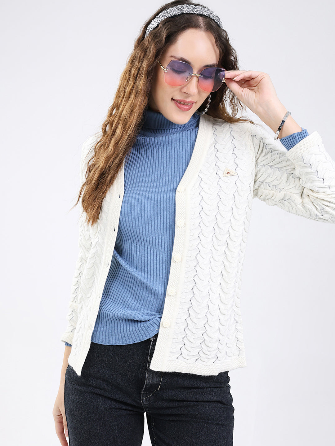 Women White Self Design V Neck Full Sleeve Cardigan