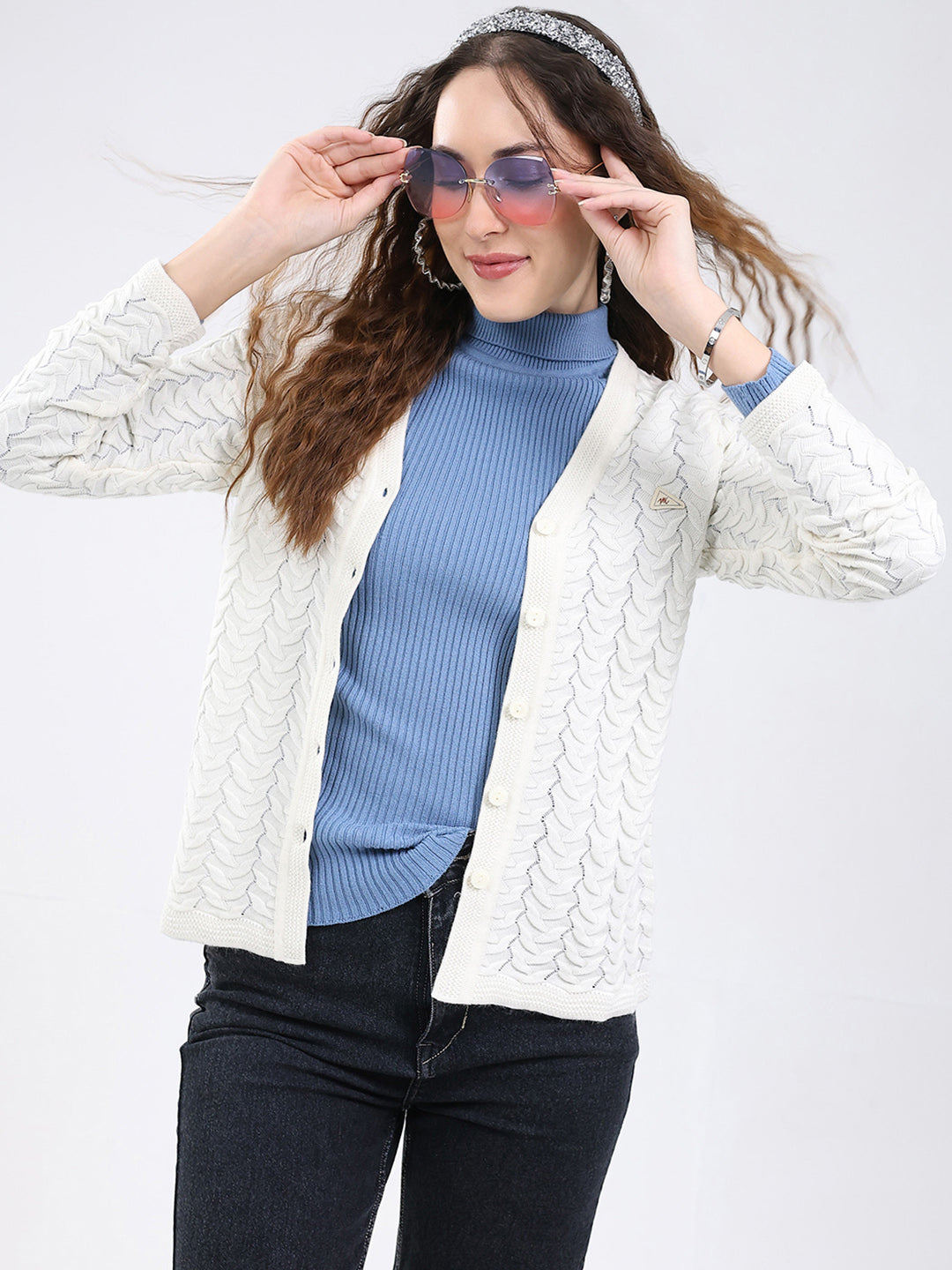 Women White Self Design V Neck Full Sleeve Cardigan