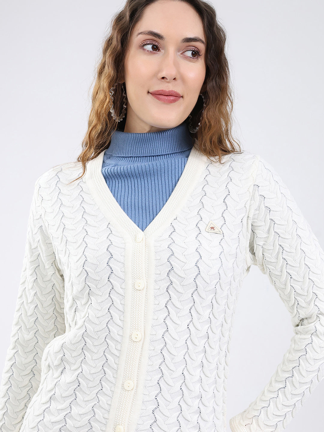 Women White Self Design V Neck Full Sleeve Cardigan