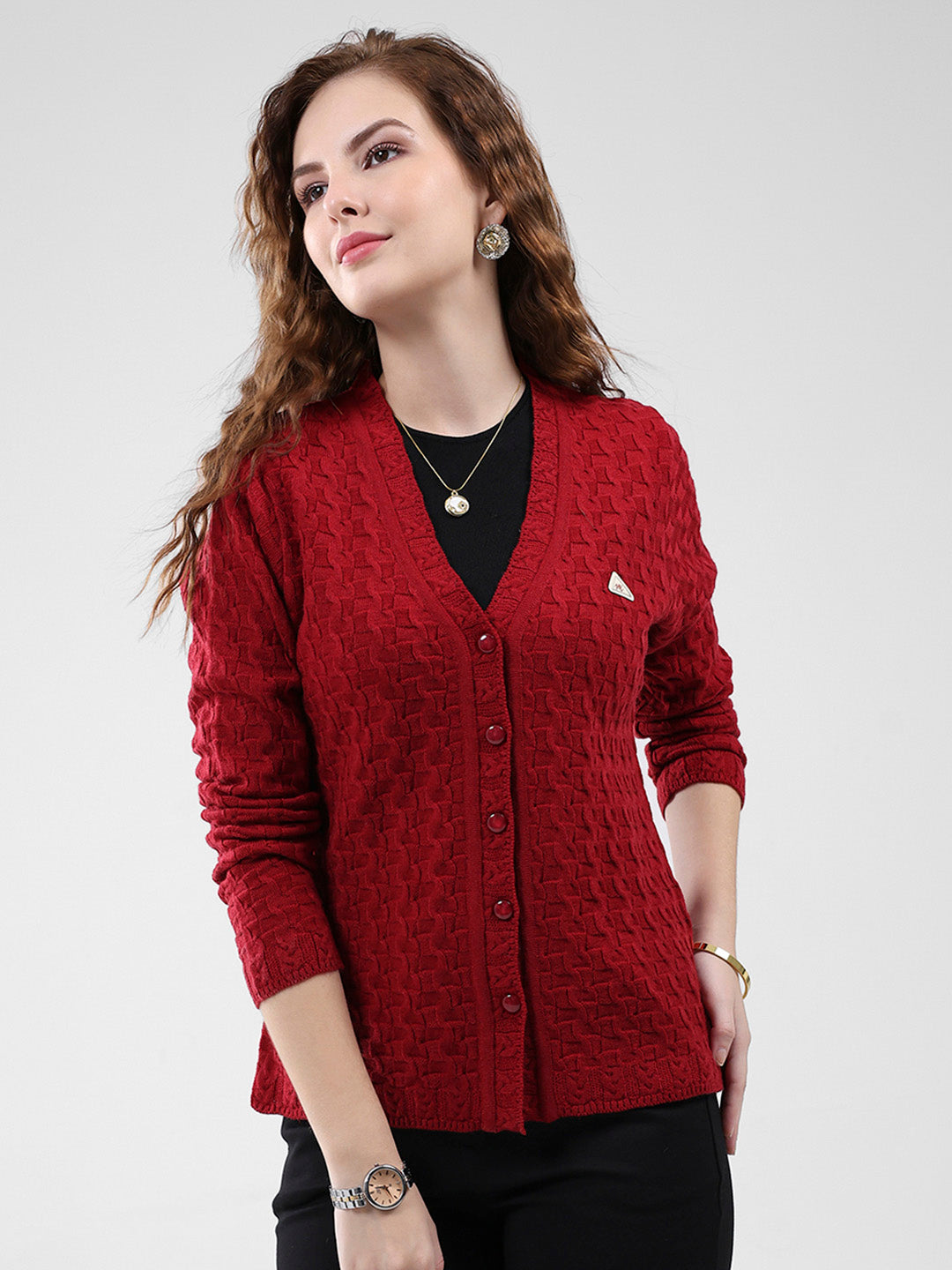 Women Red Self Design V Neck Full Sleeve Cardigan
