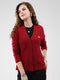 Women Red Self Design V Neck Full Sleeve Cardigan