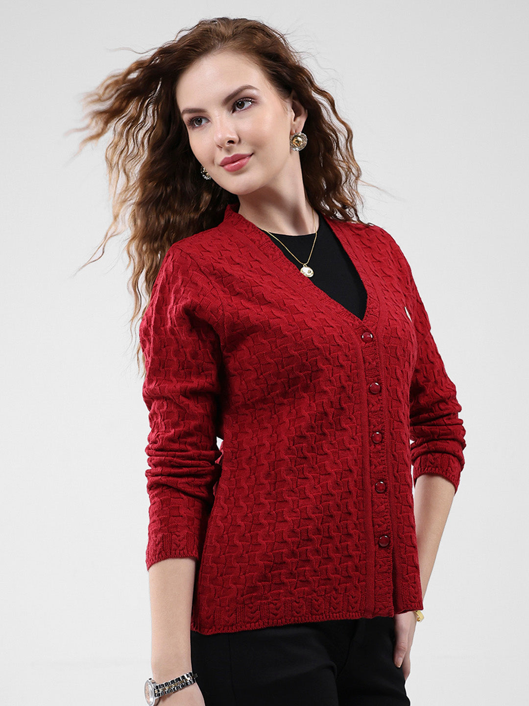 Women Red Self Design V Neck Full Sleeve Cardigan