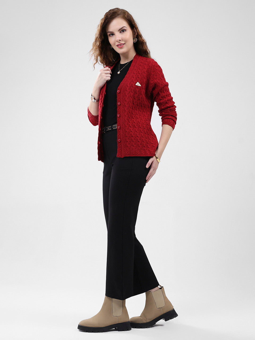 Women Red Self Design V Neck Full Sleeve Cardigan