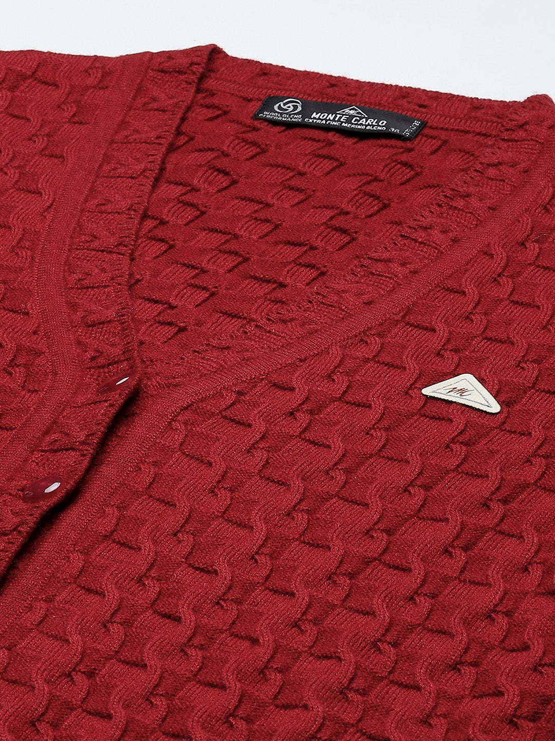 Women Red Self Design V Neck Full Sleeve Cardigan