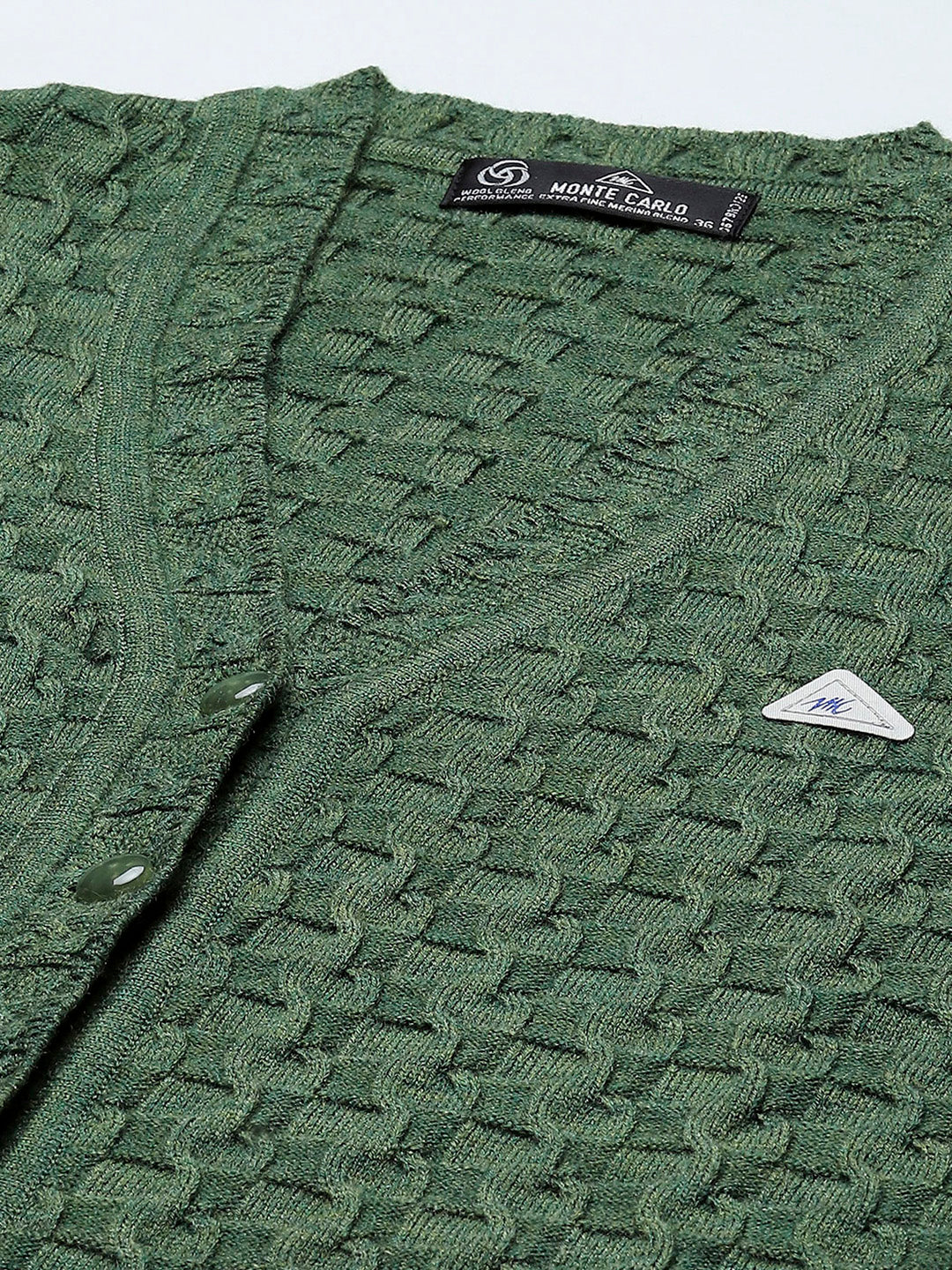 Women Green Self Design V Neck Full Sleeve Cardigan