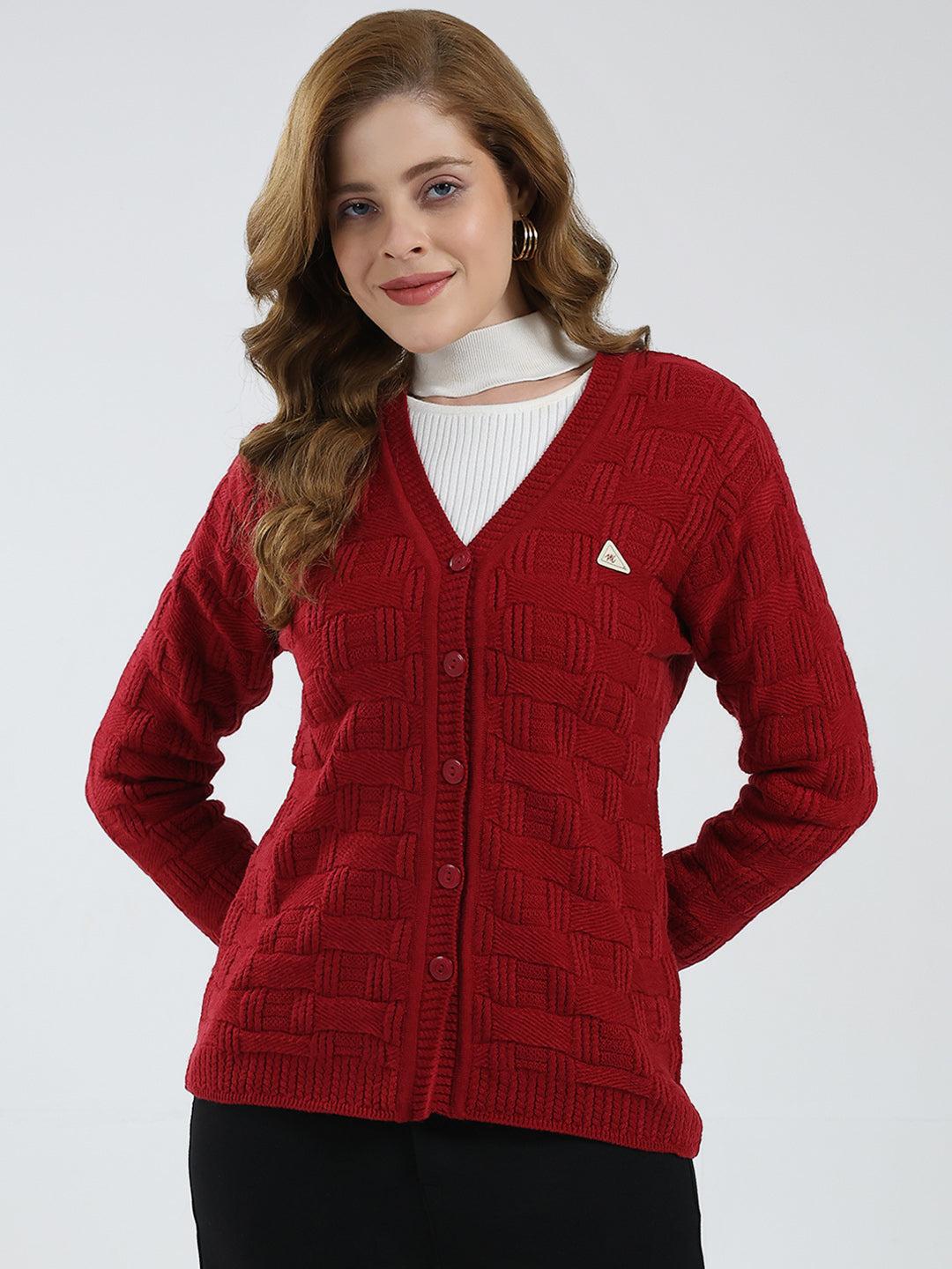 Women Red Self Design V Neck Full Sleeve Cardigan