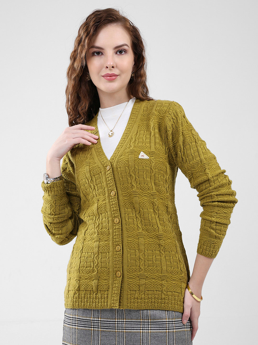 Women Mustard Self Design V Neck Full Sleeve Cardigan