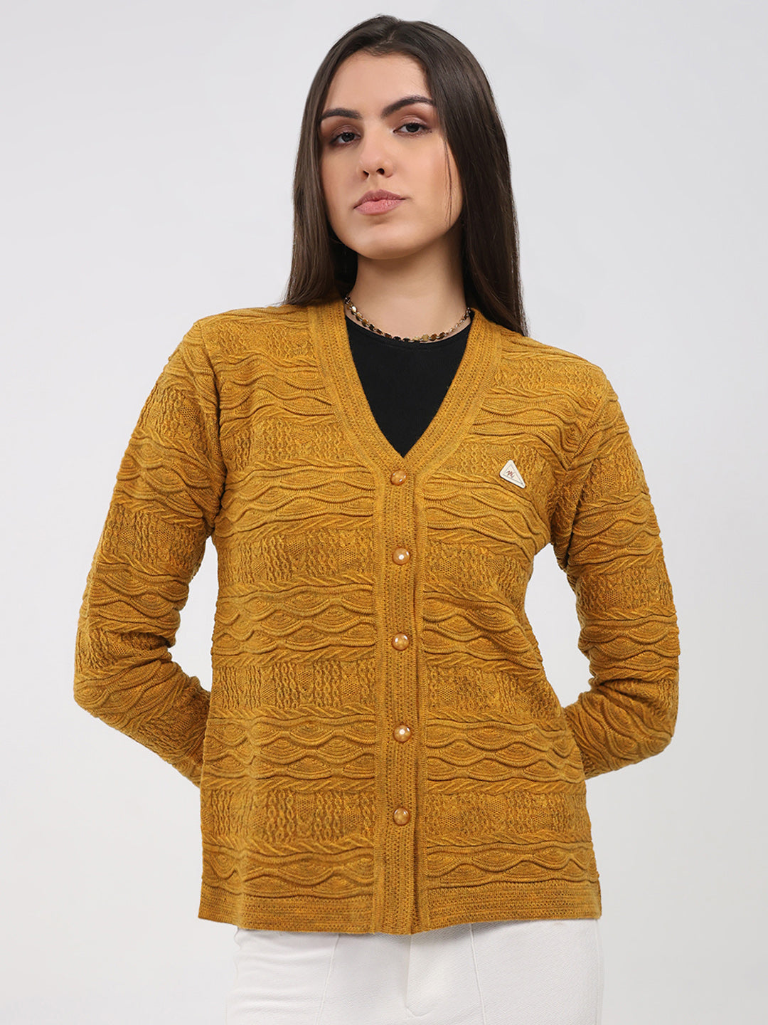 Women Mustard Self Design V Neck Full Sleeve Cardigan