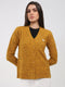 Women Mustard Self Design V Neck Full Sleeve Cardigan