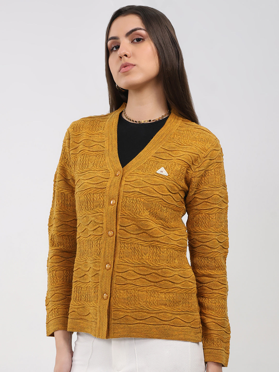 Women Mustard Self Design V Neck Full Sleeve Cardigan