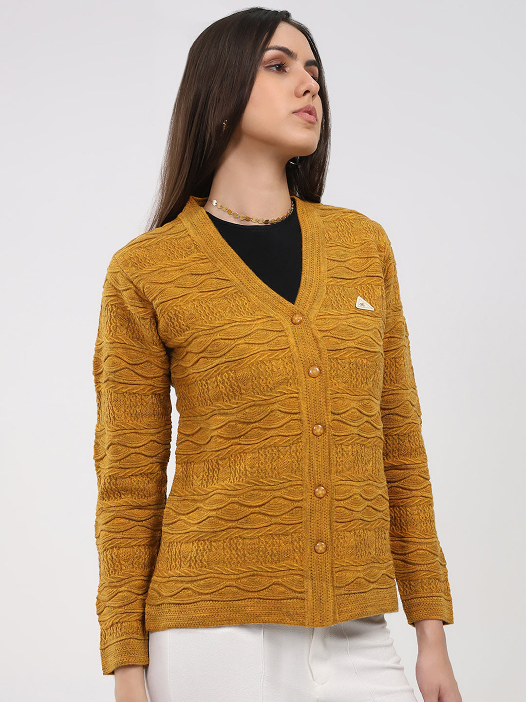 Women Mustard Self Design V Neck Full Sleeve Cardigan