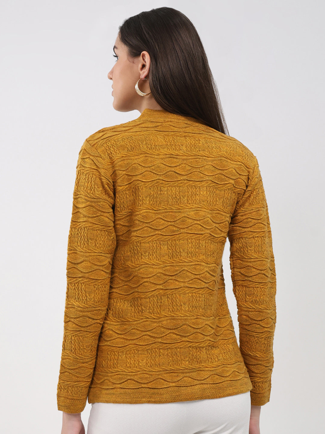 Women Mustard Self Design V Neck Full Sleeve Cardigan