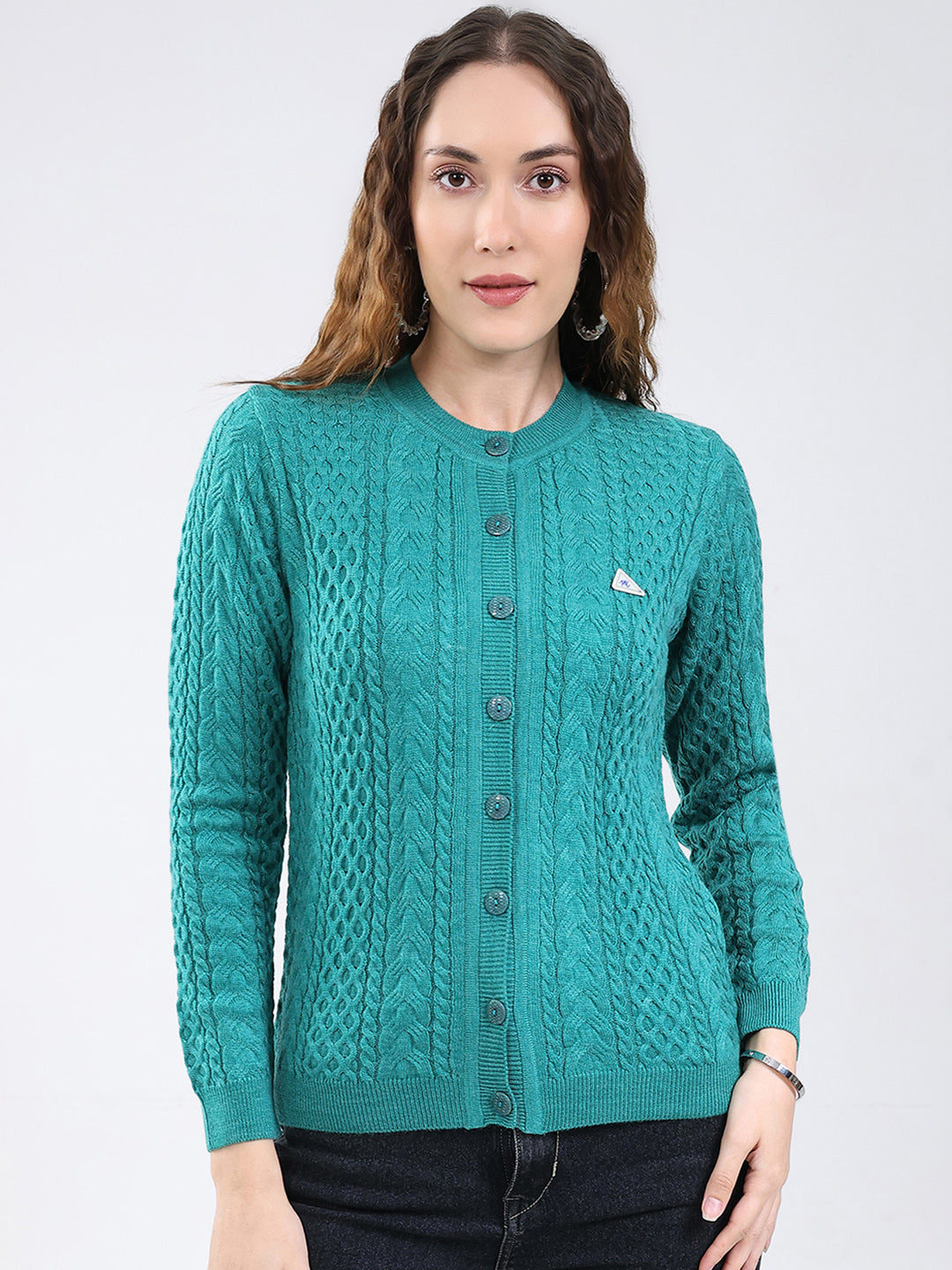 Women Sea Green Self Design Round Neck Full Sleeve Cardigan